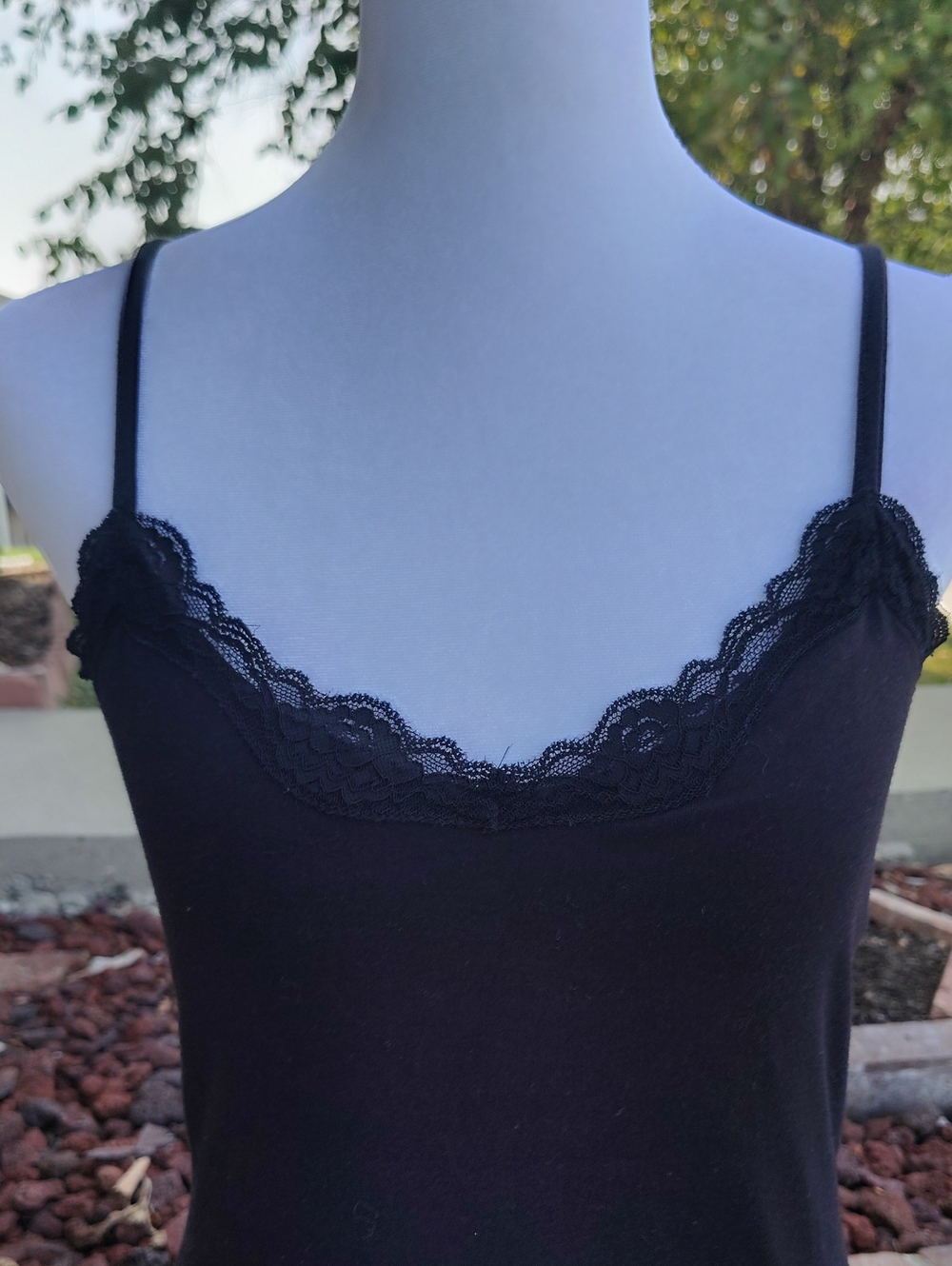Apostrophe Stretch Black Lacey Fitted Spaghetti Straps Top Size M Y2K Whimsigoth - Picture 3 of 12